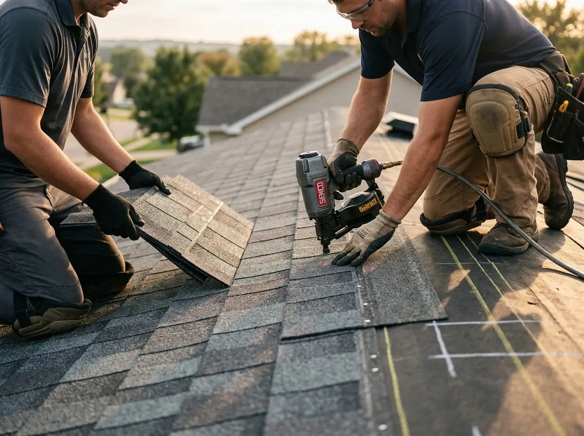 Professional roofer working on a residential roof in Coshocton